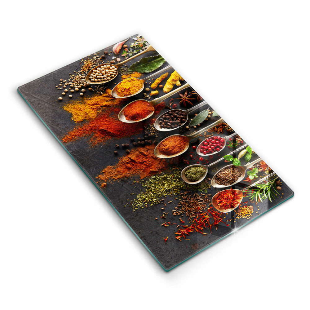 Sklenená doska na krájanie Rôzne koreniny na lyžičkách