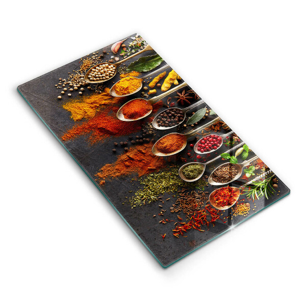 Sklenená doska na krájanie Rôzne koreniny na lyžičkách