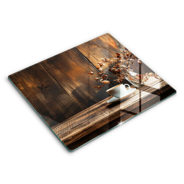 Doska na krájanie 60x52 cm Drevený stôl s čajom a kvetmi