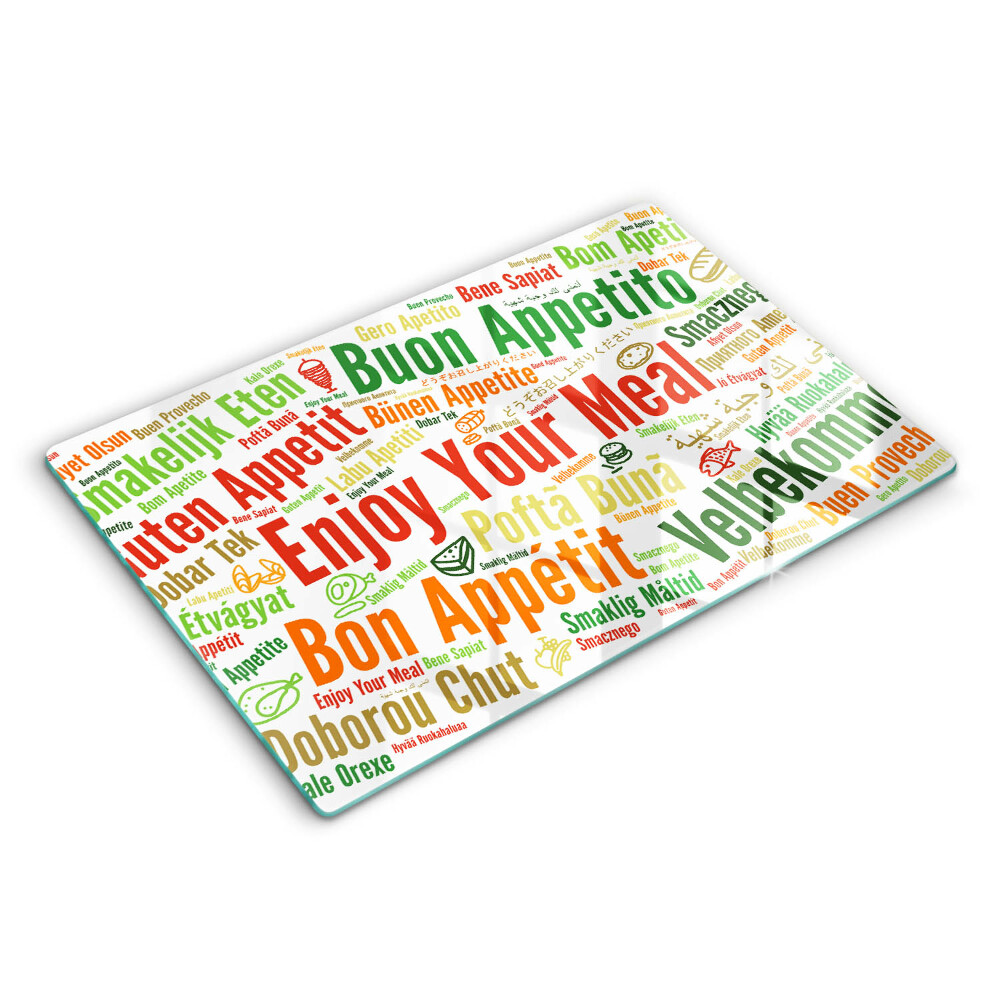 Doska na krájanie 80x52 cm Rôzne jazyky priania dobrú chuť