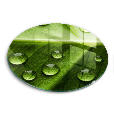 Sklenená doska na krájanie okrúhla Kvapky rosy na zelenom liste