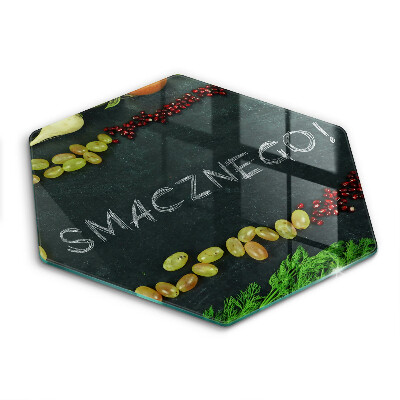 Sklenená doska na krájanie šesťhranná Chalkboard s ovocím a zeleninou