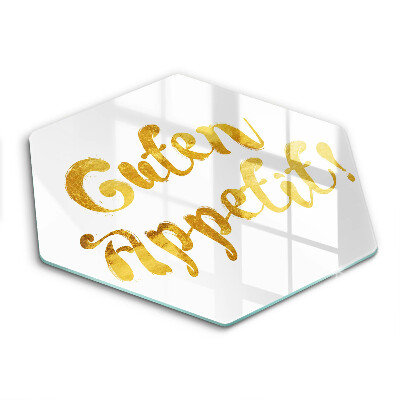 Sklenená doska na krájanie šesťhranná Zlatý nápis Guten Appetit