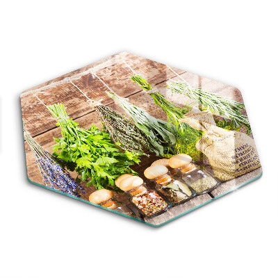 Sklenená doska na krájanie šesťhranná Sušené bylinky a korenie na dreve