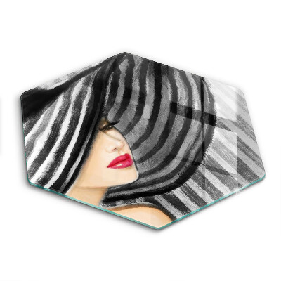 Sklenená doska na krájanie šesťhranná Žena v pruhovanom klobúku