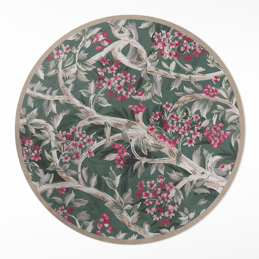 Okrúhly vinylový koberec Vetvy s listami a kvetmi vintage