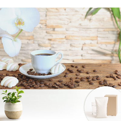 Tapeta do obývačky s motívom kávy a orchideí na drevenom pozadí