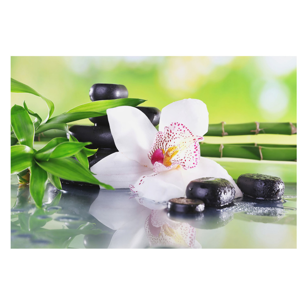 Tapeta na stenu s motívom orchideí a kameňov obklopených bambusom