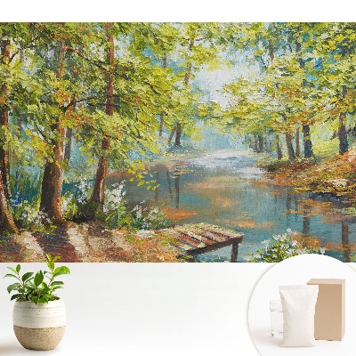 Tapeta na stenu s motívom atmosférickej lesnej krajiny s jazerom