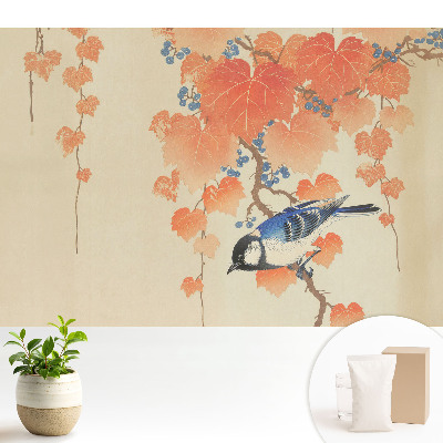 Tapeta do obývačky s motívom vtáka na vetve viniča s bobuľami
