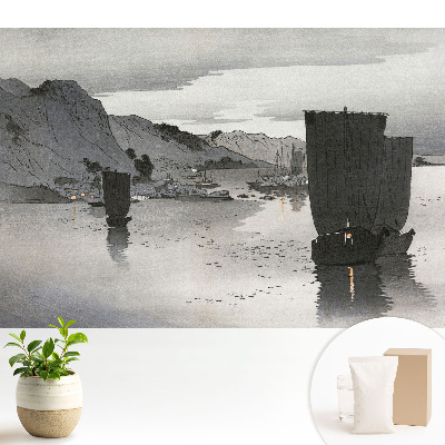 Luxusná tapeta s motívom plachiet a hôr za súmraku