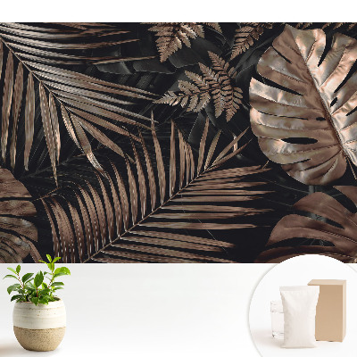 Tapeta do obývačky s motívom tropických listov v hnedej farbe