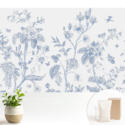 Tapeta Jemné modré kvety a vtáky