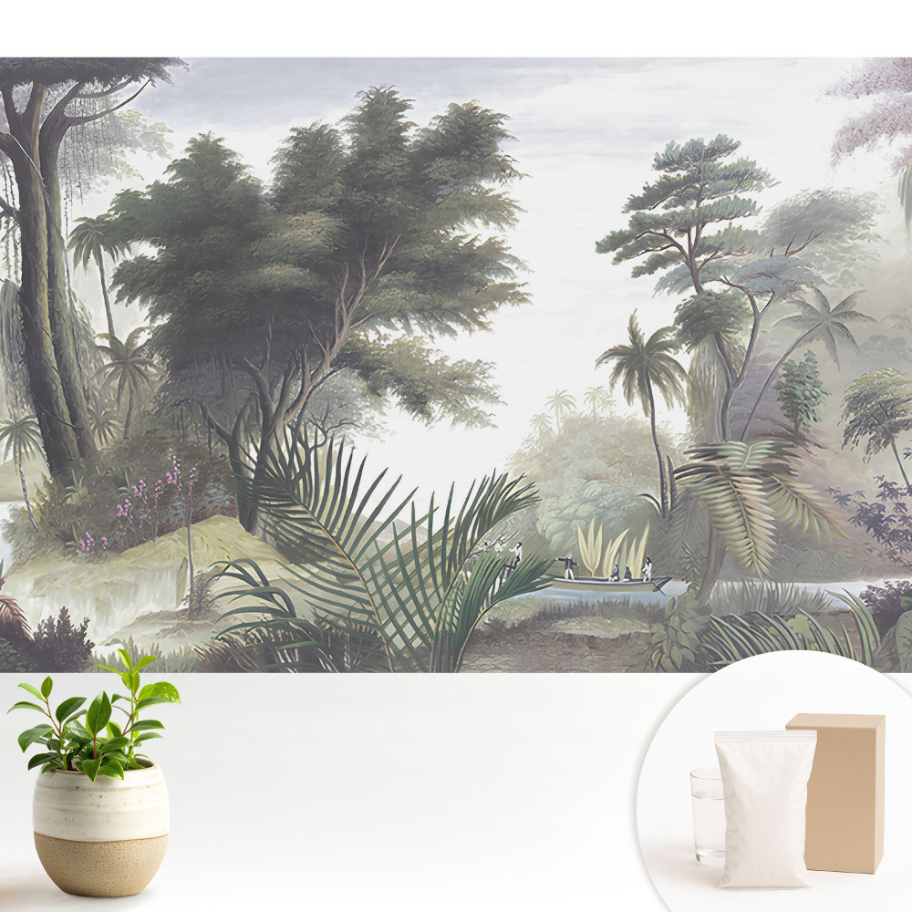Luxusná tapeta Bujná džungľa s loďkou na rieke