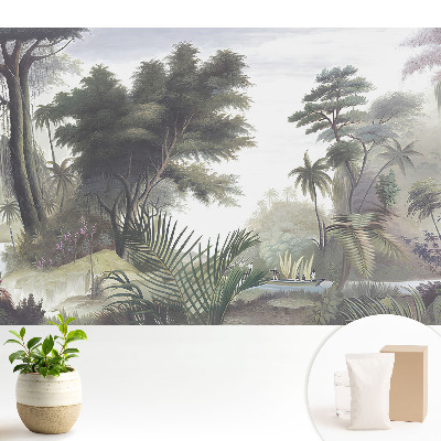 Luxusná tapeta s motívom bujnej džungle a loďkou na rieke