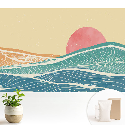 Luxusná tapeta s motívom morských vĺn a ružového slnka v abstraktnom štýle
