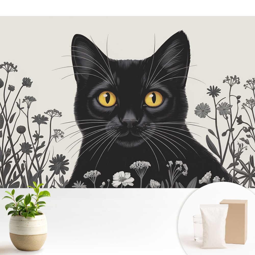 Tapeta na stenu Čierna mačka so žltými očami medzi kvetmi