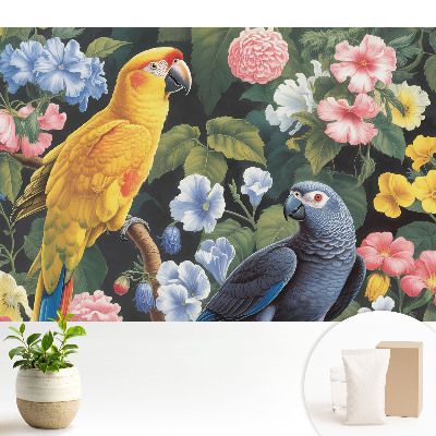 Tapeta na stenu s farebnými tropickými vtákmi medzi kvetmi