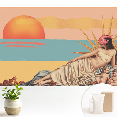 Tapeta do obývačky s renesančným surrealistickým motívom v pastelových farbách s motívom západu