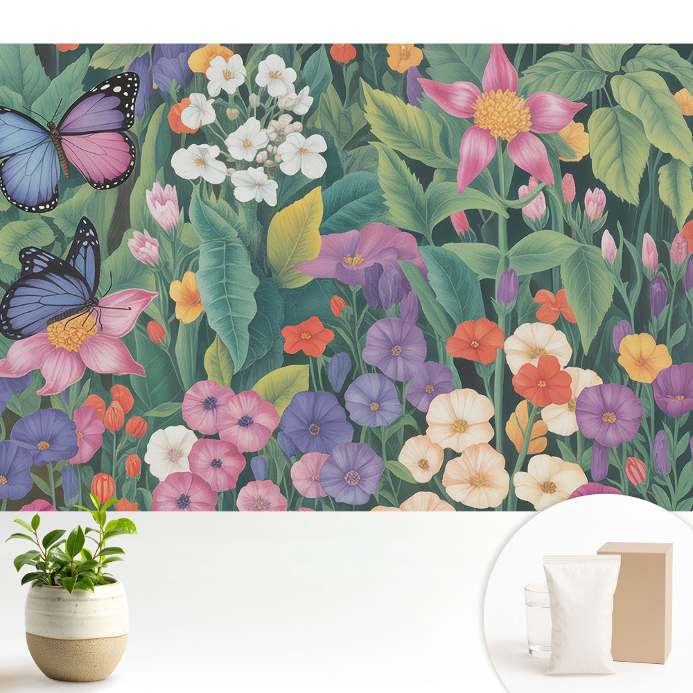 Tapeta do obývačky Farebná lúka plná kvetov a motýľov.