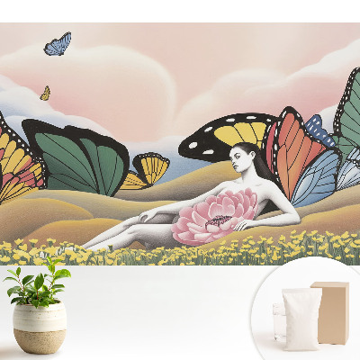 Tapeta do obývačky so ženou a farebnými motýľmi na lúke
