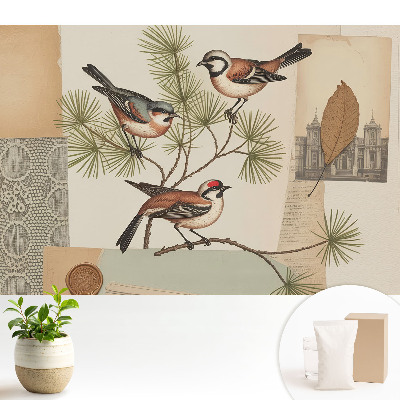 Luxusná tapeta s motívom vtákov na konári v retro kolážovom štýle