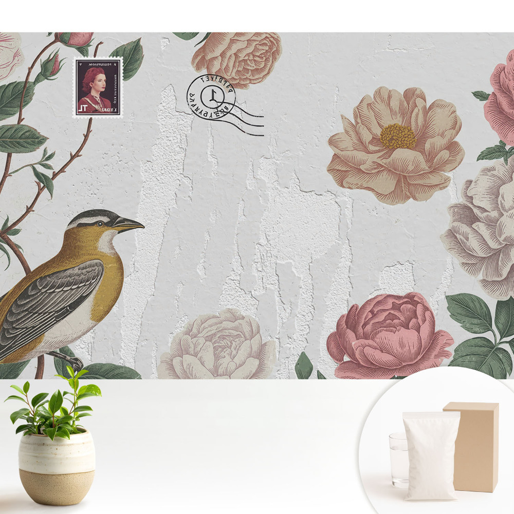Tapeta Kvety a vták na pozadí steny