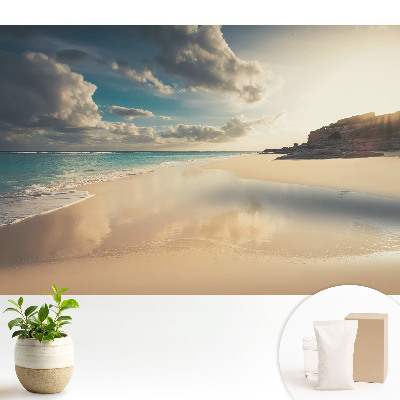 Tapeta na stenu s motívom pláže a oceánu pri západe slnka