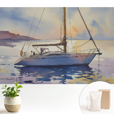 Tapeta na stenu s motívom jachty na vode pri západe slnka