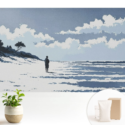 Tapeta s motívom osamelej postavy na pláži na modrom pozadí