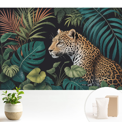 Tapeta s motívom leoparda medzi listami džungle vhodná do obývačky