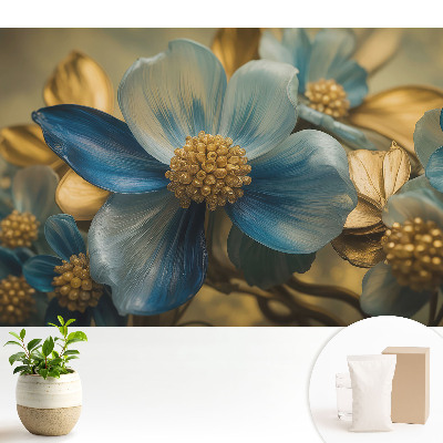 Tapeta do obývačky s modrými kvetmi so žltým stredom