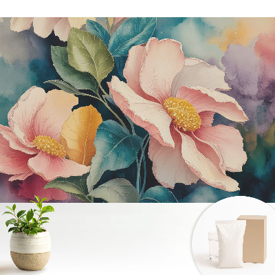 Luxusná tapeta s pastelovými kvetmi a listami v akvarelovom štýle