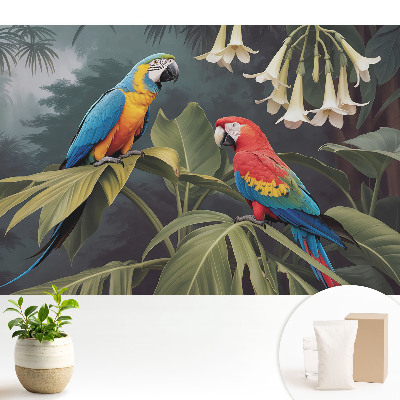 Tapeta s motívom tropických papagájov v exotických farbách