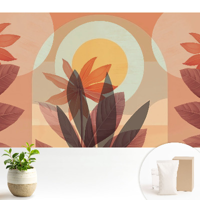 Luxusná tapeta s kvetinovým abstraktným motívom v symetrickom prevedení v teplých farbách