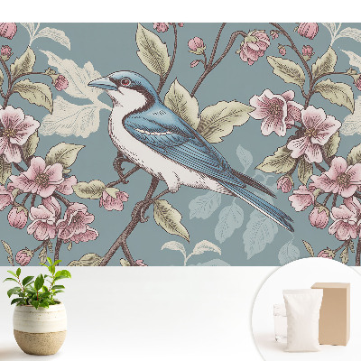 Tapeta do obývačky s motívom vtáka a kvitnúcich čerešňových konárov