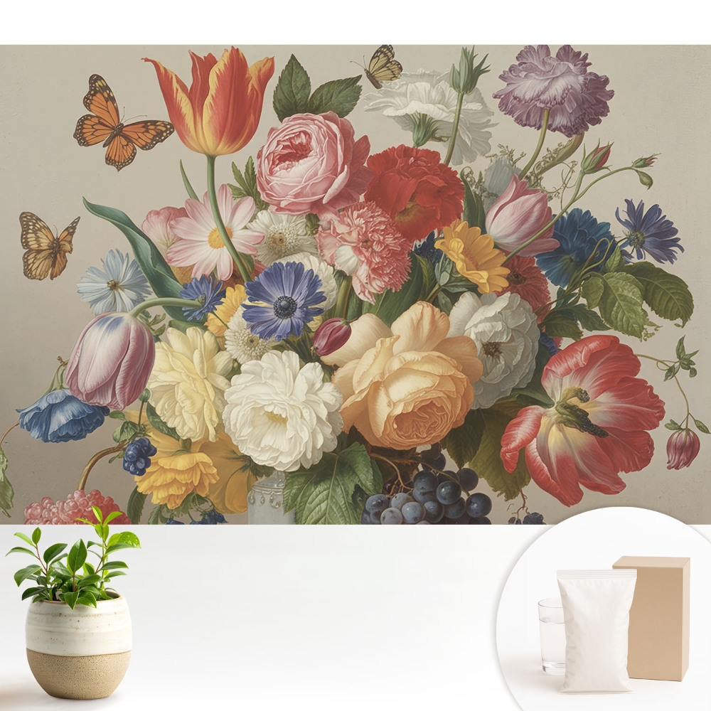 Tapeta do obývačky Farebná kytica kvetov s motýľmi
