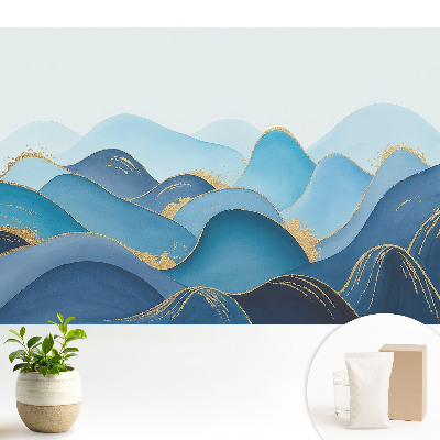 Tapeta do obývačky Modré vlny so žltým akcentom