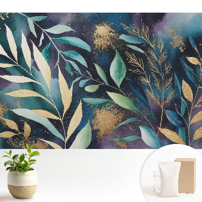 Tapeta na stenu s botanickým motívom listov na tmavom pozadí
