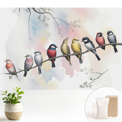 Tapeta na stenu s motívom farebných vtákov sediacich na konári