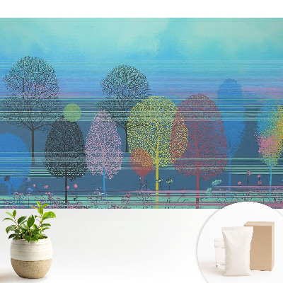 Tapeta na stenu s motívom farebných stromov na pozadí oblohy