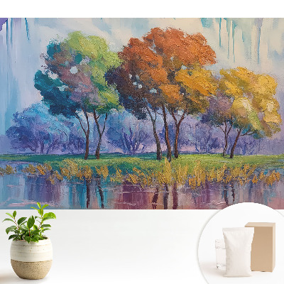 Tapeta do obývačky s abstraktnou kompozíciou farebných stromov