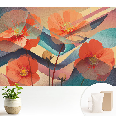 Tapeta do obývačky s abstraktnými tvarmi oranžových kvetov