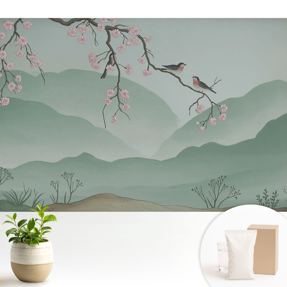 Tapeta na stenu Kvety a vtáky na pozadí kopcov