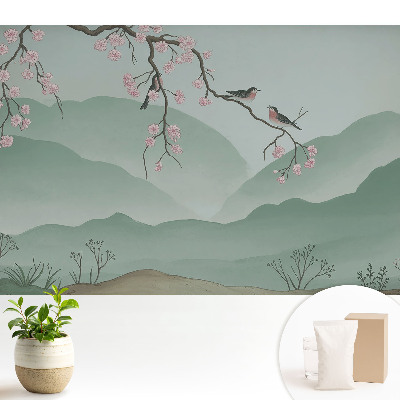 Tapeta na stenu Kvety a vtáky na pozadí kopcov