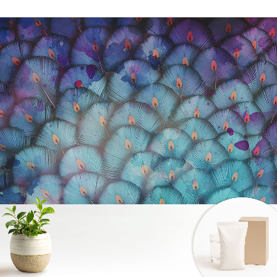 Tapeta do obývačky s abstraktným motívom vejárových pierok v odtieňoch modrej