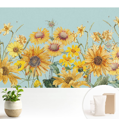 Luxusná tapeta Rustikálne slnečnice a kvety na modrom