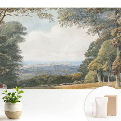 Tapeta do obývačky s motívom krajiny pri lese a výhľadom na mesto