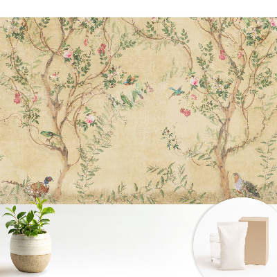 Luxusná tapeta Elegantný strom s kvetmi a vtákmi