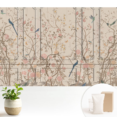 Tapeta na stenu s motívom vtákov a ruží na pozadí panelov